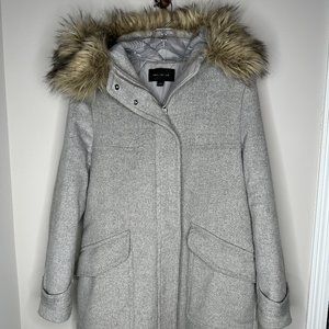 Ann Taylor Size L Light Gray Faux Fur Hooded Coat